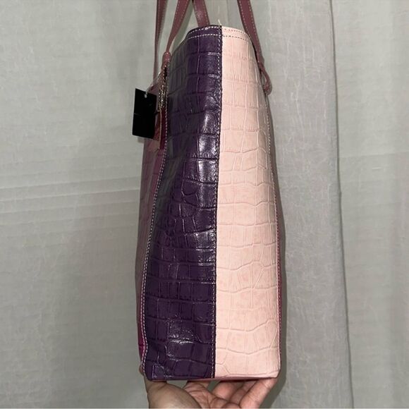 Valerie Stevens Four Tone Warm Purple Pink Croc Print Genuine Leather Tote - Picture 6 of 12